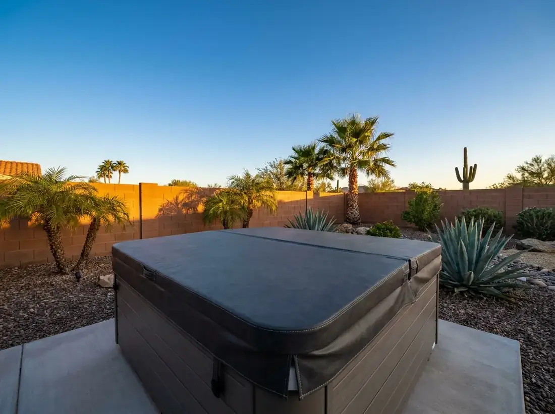 Hot tub with a closed insulated spa cover on a concrete pad in an Arizona desert backyard at sunset